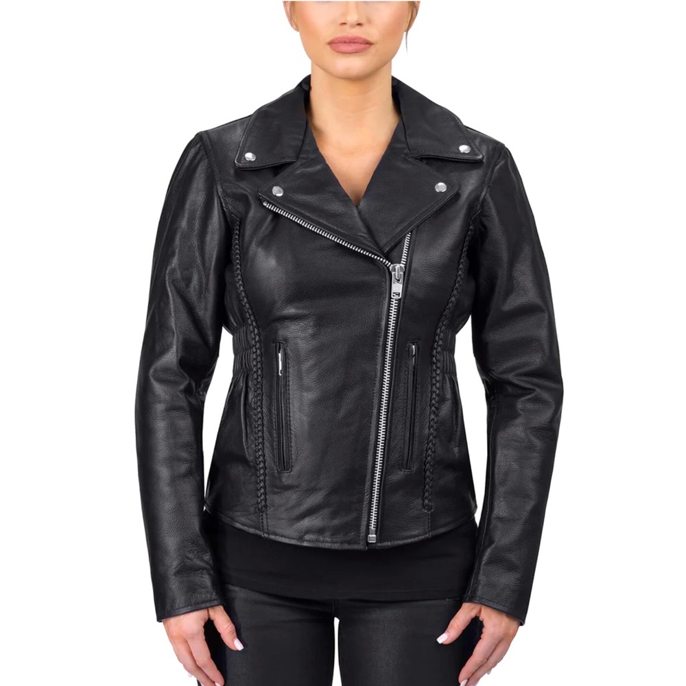 NEW WITHOUT TAGS LADIES VIKING CYCLE CRUISE GENUINE BLACK LEATHER JACKET 4X